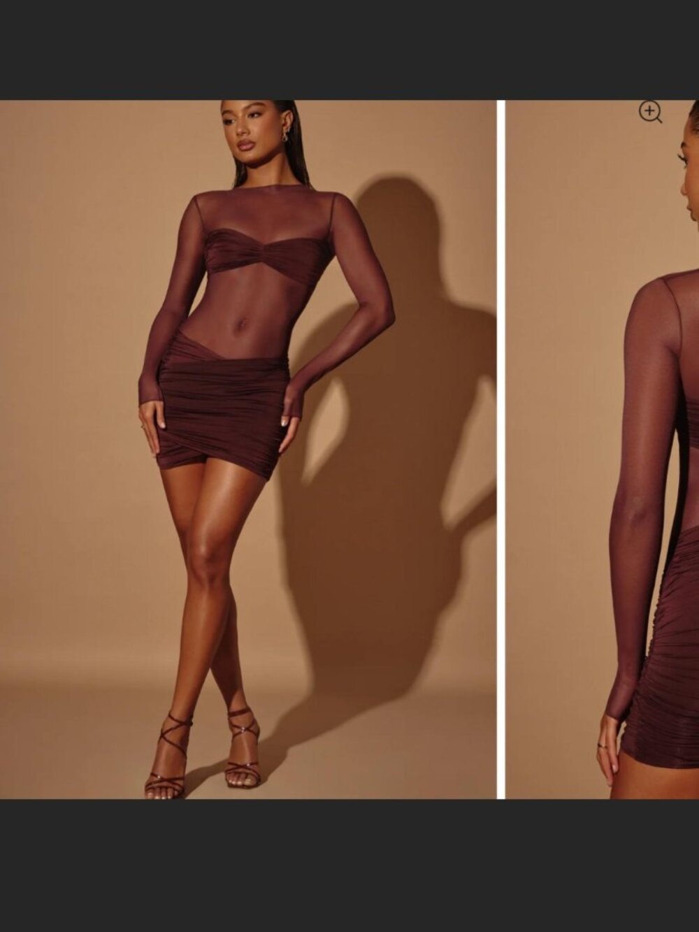 Oh polly Essie Sheer Panelled Long Sleeve Mini Dress in Brown